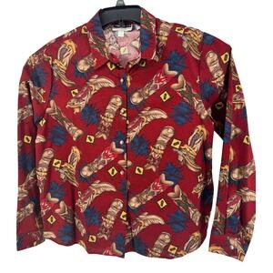 Panhandle Slim Western Shirt Womens L Red Cowboy Boot Print Metal Star Button